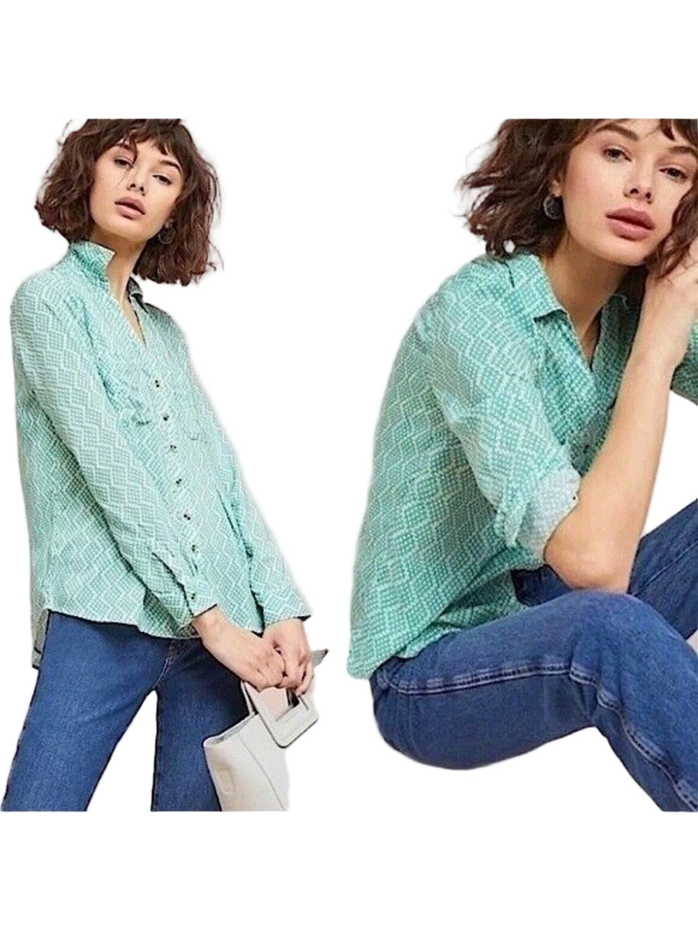 ⚓️Maeve byAnthropologie Diamond Print Button-Down Shirt Green size 4 GUC